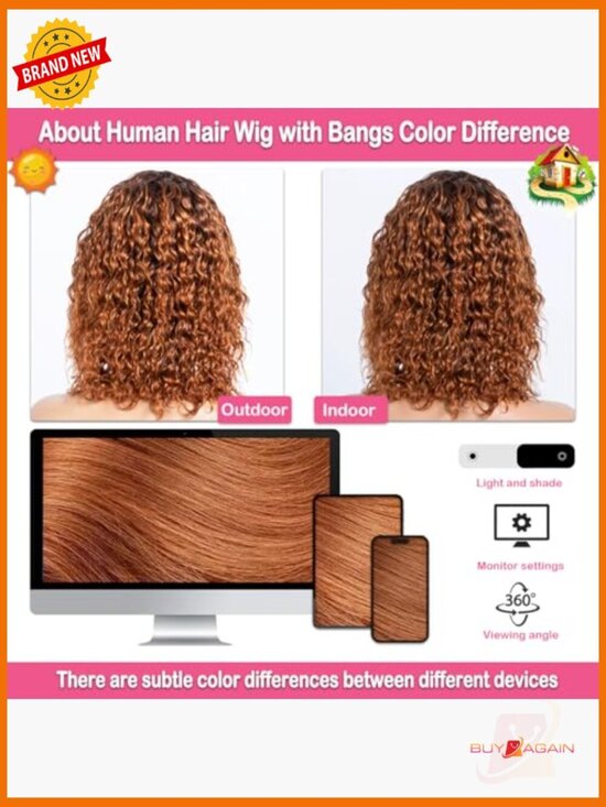 Short Bob Wig Human Hair Glueless Water Wave 12 Inches 210% Density W/Bangs main image 5